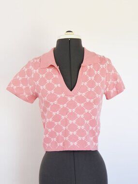NWOT Anthropologie Luna Ivy Pink White Bows Knit Cropped Polo Sweater Small